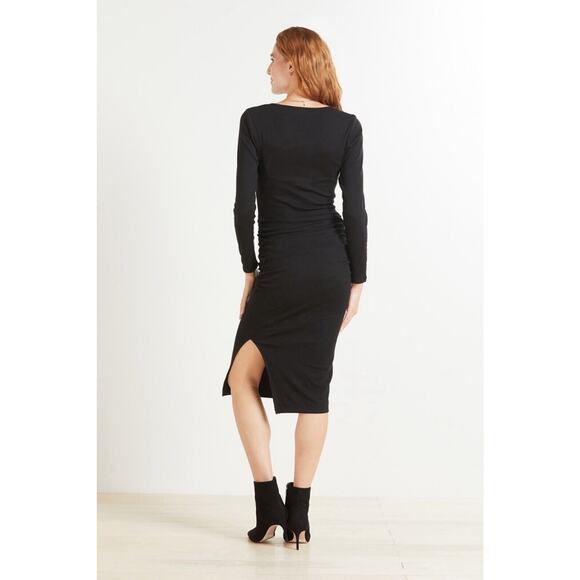 Michael Stars Dress Womens S Black Rib Knit Midi Ruched Square Neck Long Sleeve - Picture 4 of 11